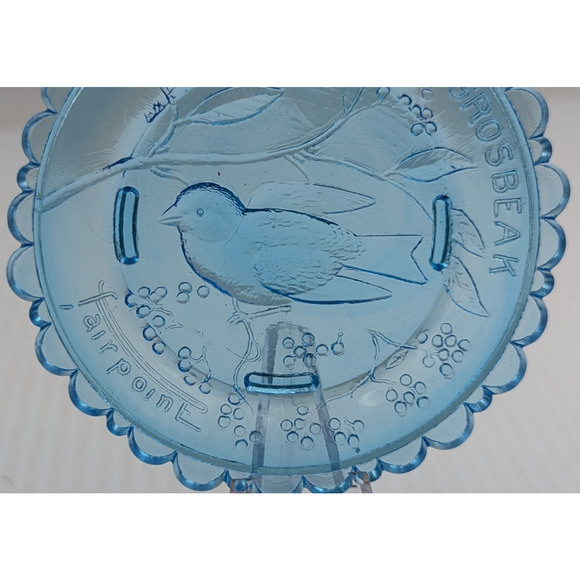 Evening Grosbeak Bird Glass Window Decor Pairpoint Cup Plate Blue Vintage 3.5" - Picture 3 of 7